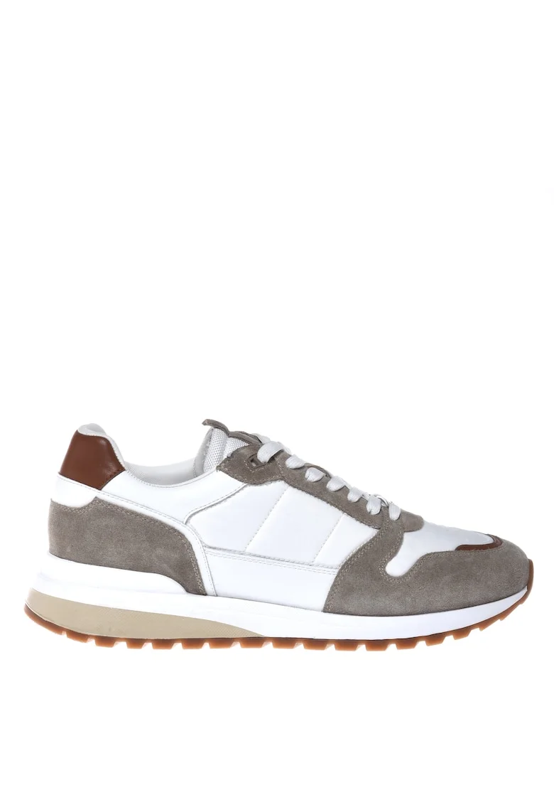 Pantofi sport cu garnituri de piele si insertii textile, Alb/Maro taupe