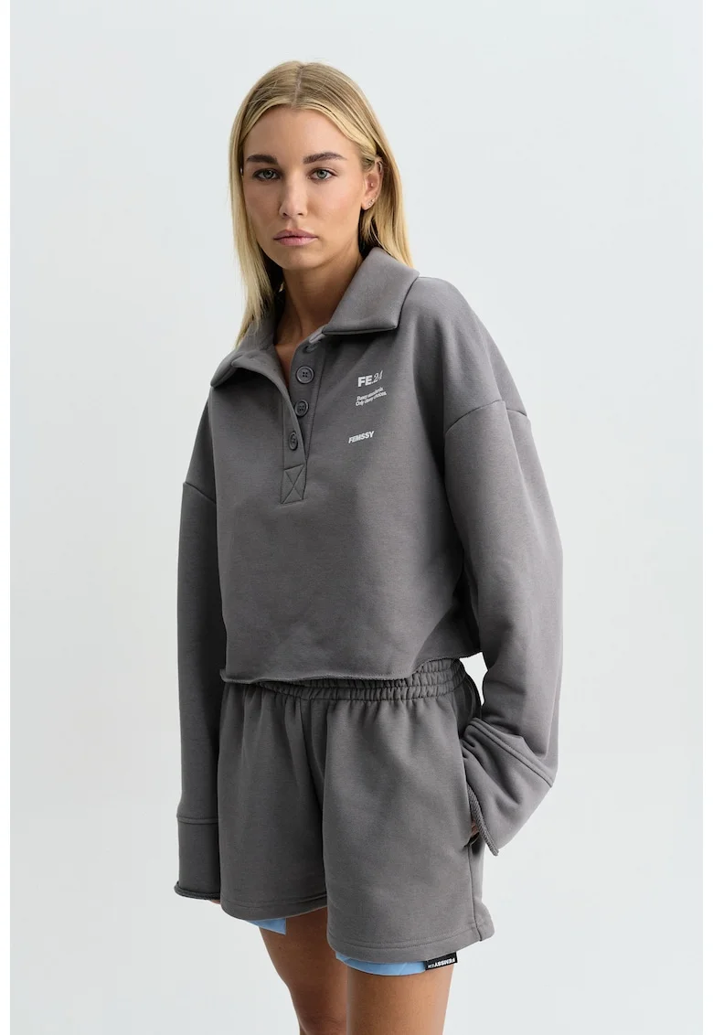 Bluza sport cu maneci cazute si fenta cu nasturi, Gri