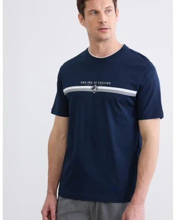 Tricou de bumbac cu imprimeu text, Alb/Gri cenusiu/Bleumarin
