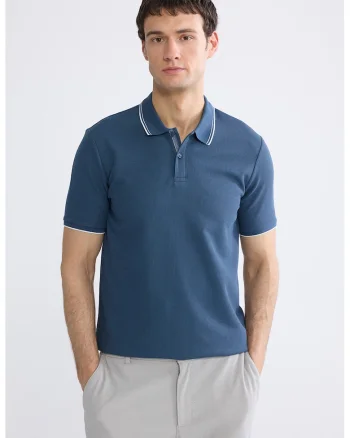 Tricou polo din amestec de bumbac cu terminatii contrastante, Albastru indigo