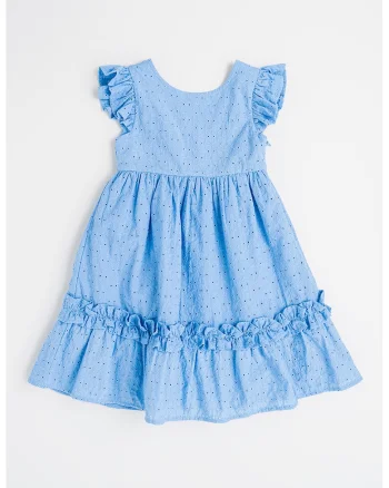Rochie evazata din bumbac cu aplicatie cu funda pe partea din spate, Albastru pastel