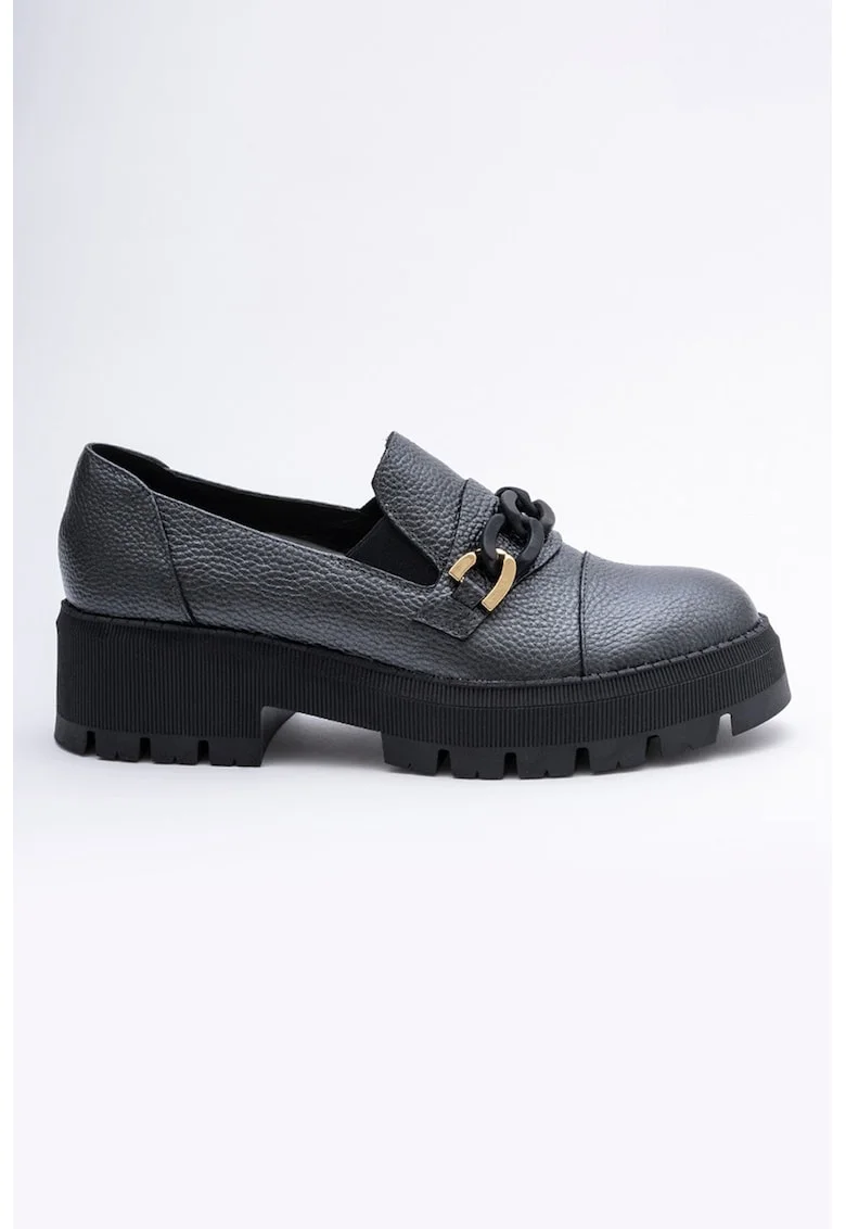 Pantofi loafer de piele cu lant decorativ, Negru/Gri