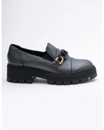 Pantofi loafer de piele cu lant decorativ, Negru/Gri