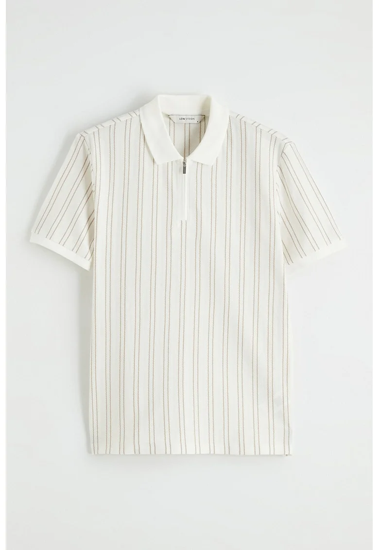 Tricou polo cu croiala slim-fit si dungi, Maro nisip/Alb murdar