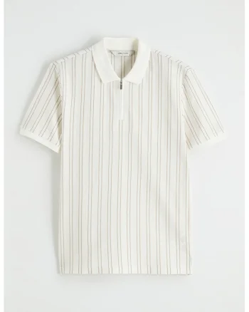 Tricou polo cu croiala slim-fit si dungi, Maro nisip/Alb murdar