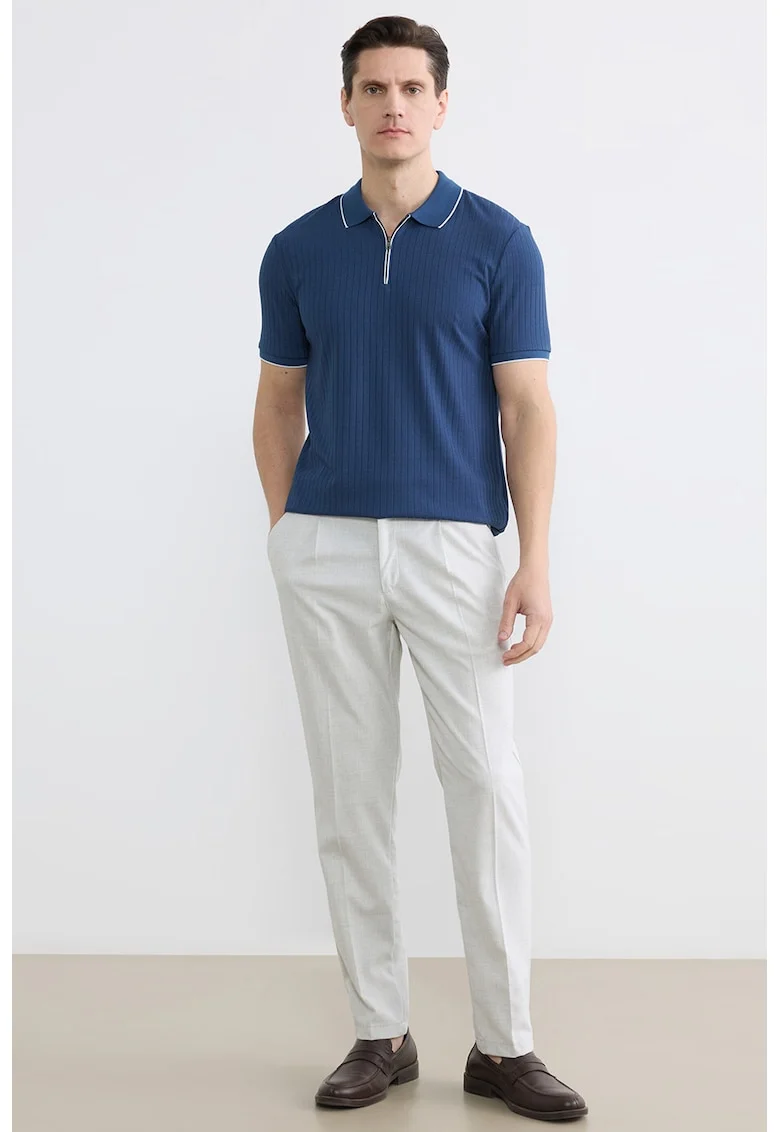 Tricou polo regular fit cu fenta scurta cu fermoar, Albastru inchis/Alb optic