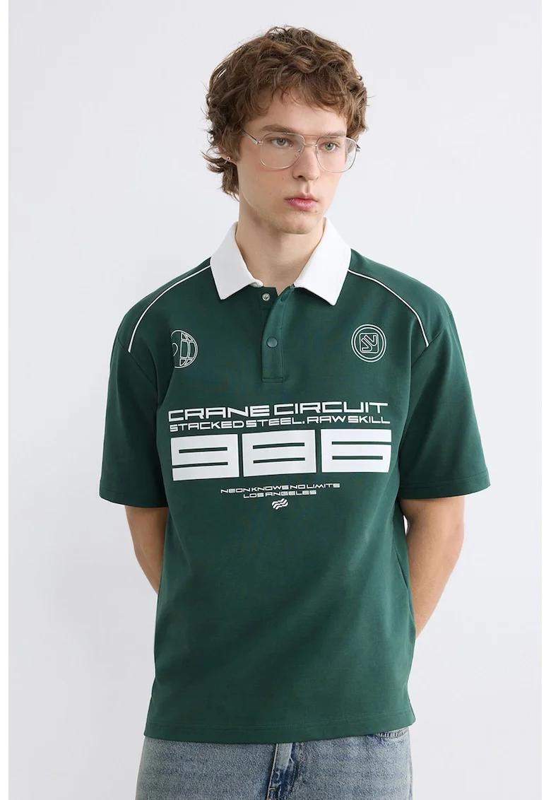 Tricou polo regular fit din amestec de bumbac, Verde englez/Alb optic
