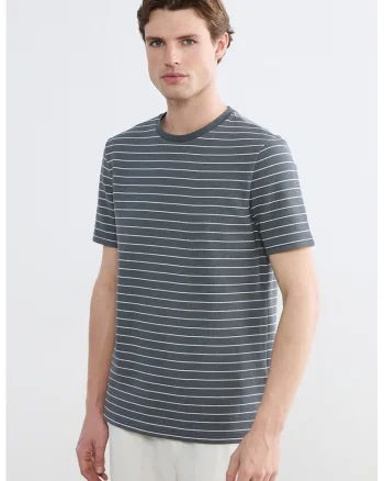 Tricou cu dungi si decolteu la baza gatului, Alb/Gri inchis