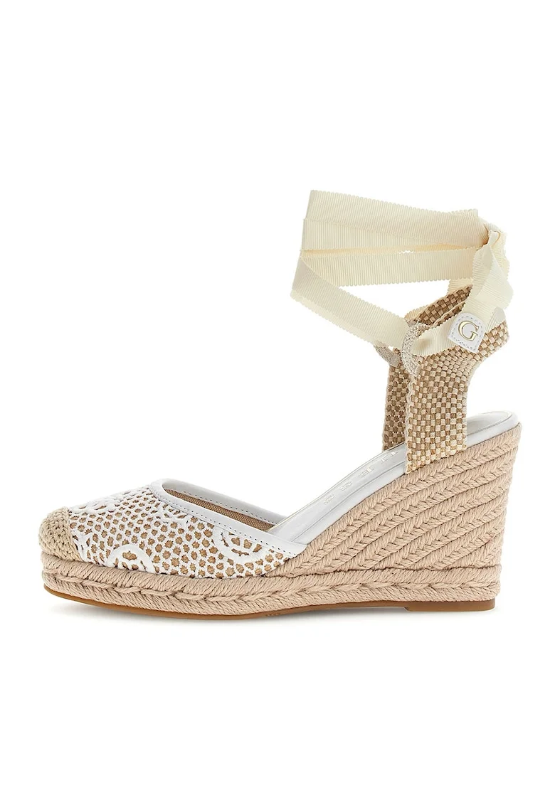 Sandale cu talpa wedge si snururi petrecute, Alb/Bej