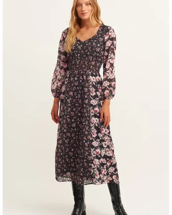 Rochie evazata cu imprimeu floral, Negru/Roz