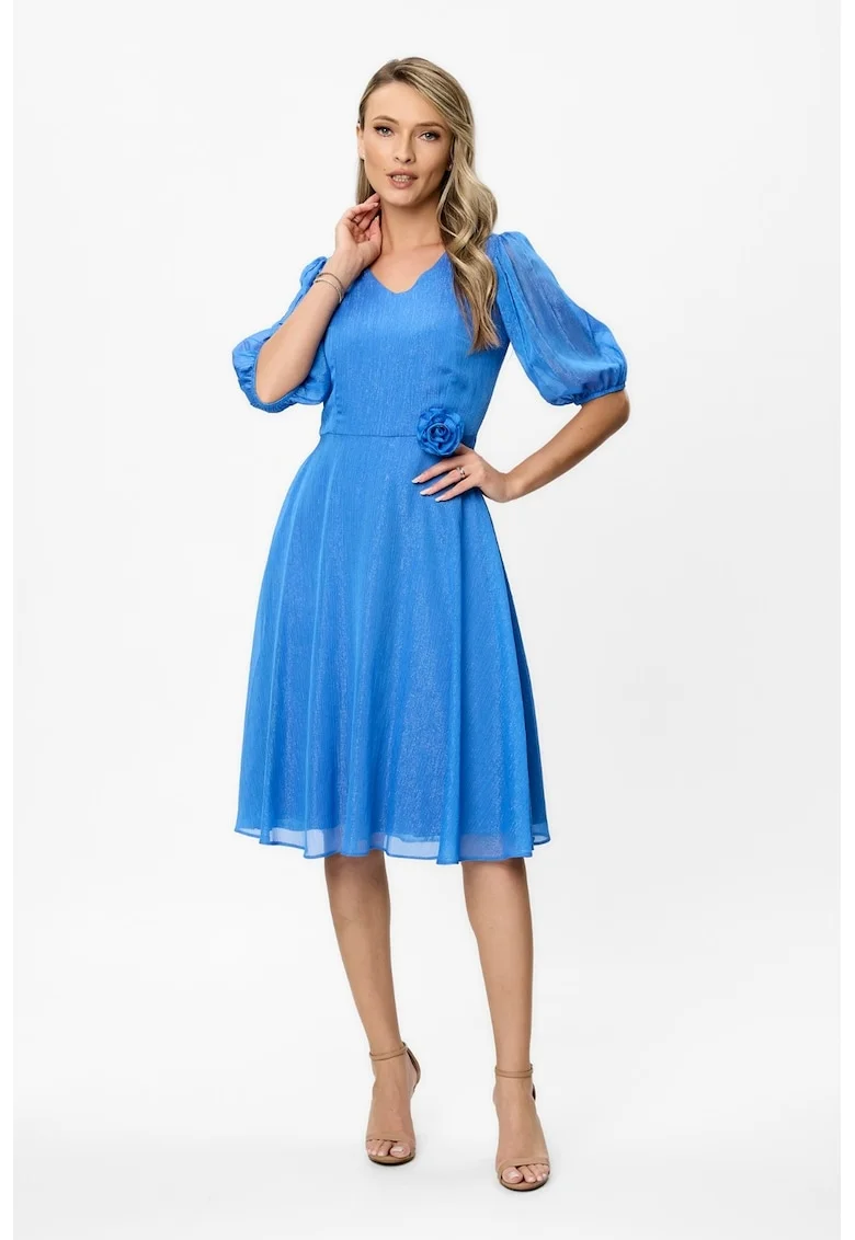 Rochie evazata cu maneci bufante semi-transparente si aplicatie florala Alison, Albastru royal