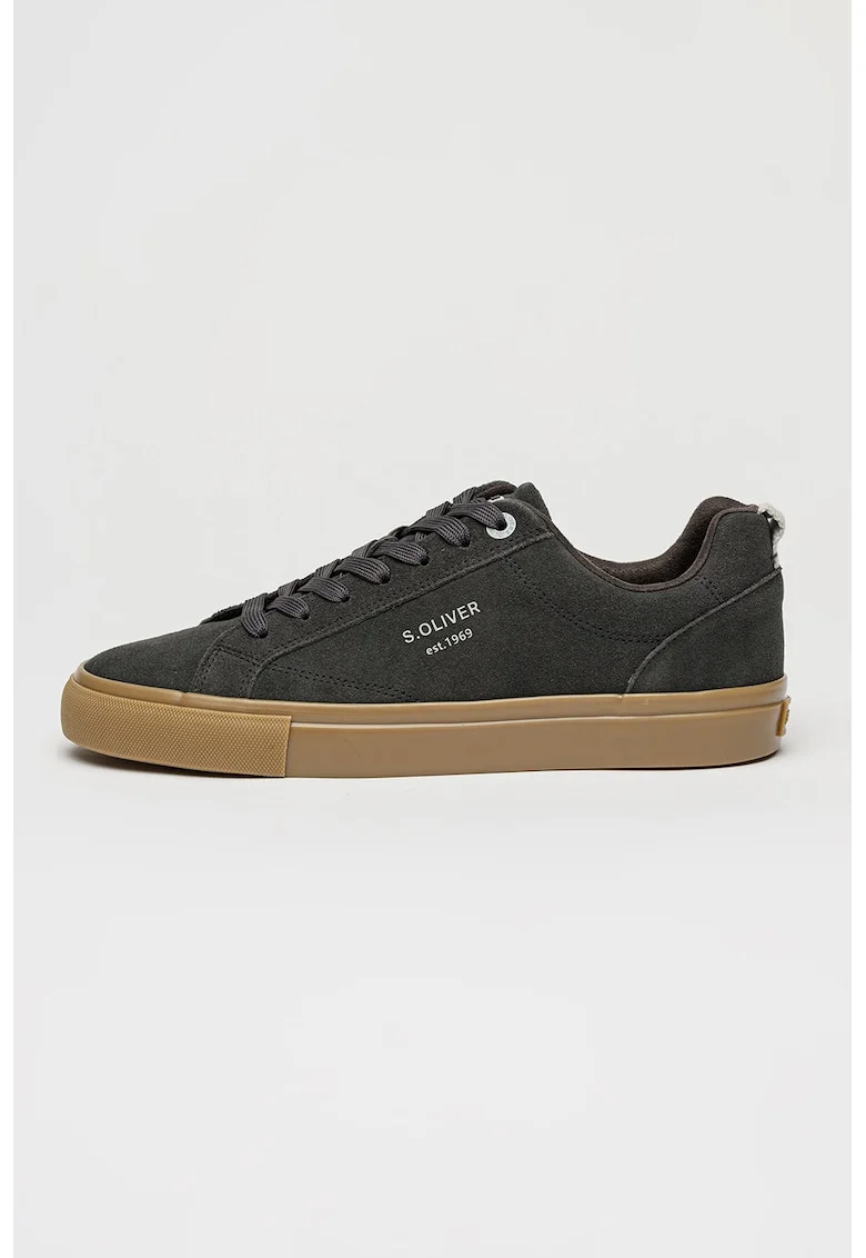 Pantofi sport din piele cu talpa plata, Gri inchis