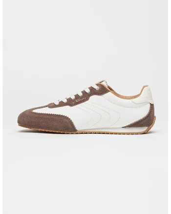 Pantofi sport low-cut din piele cu varf rotund, Maro inchis/Alb optic
