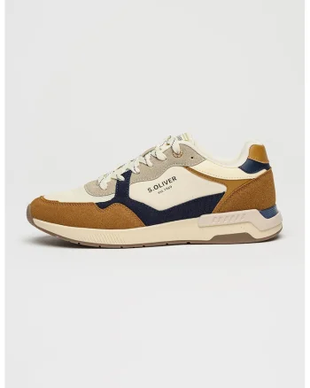 Pantofi sport low-cut cu imprimeu logo lateral, Alb/Caramel/Bleumarin