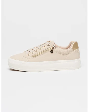 Pantofi sport low cut din piele ecologica, Maro camel/Auriu deschis