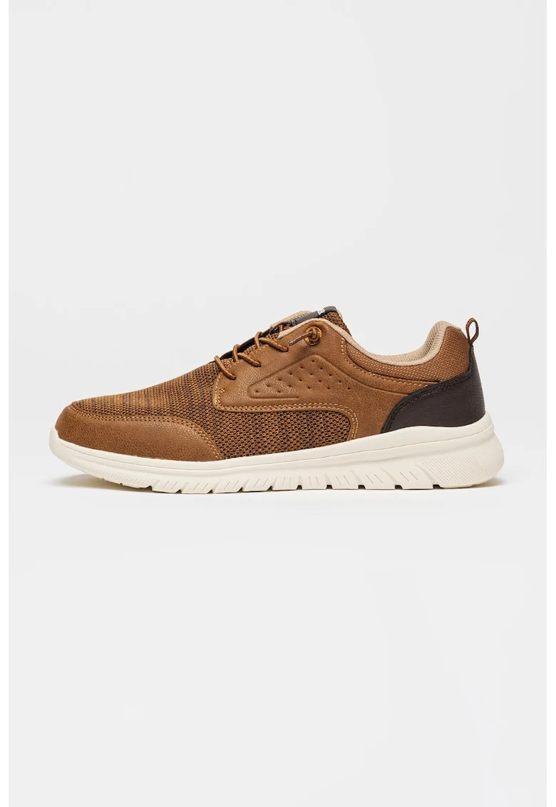Pantofi sport din piele ecologica si plasa cu sireturi, Gri carbune/Caramel