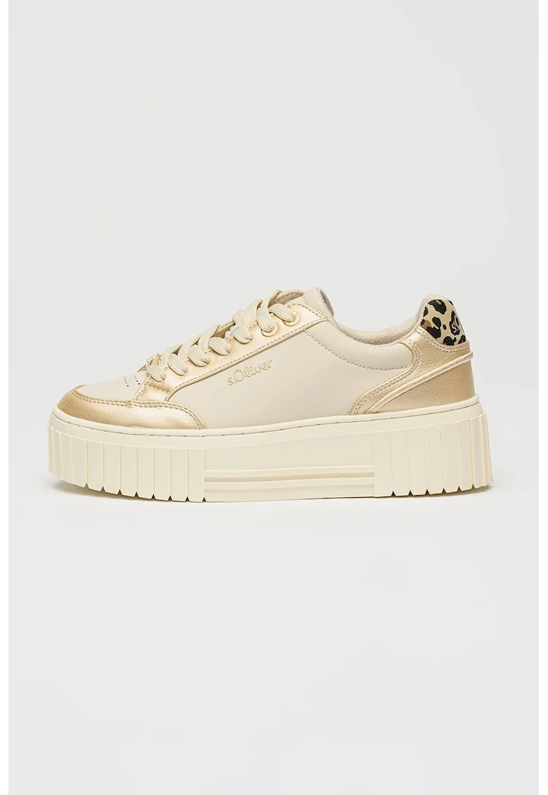 Pantofi sport din piele ecologica cu talpa flatform si accente metalizate si model animal print, Maro camel/Alb murdar