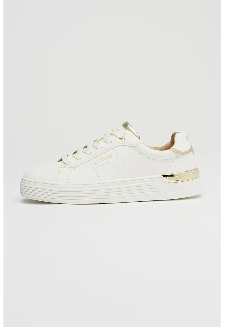 Pantofi sport low-cut din piele ecologica cu logo, Alb optic/Auriu deschis