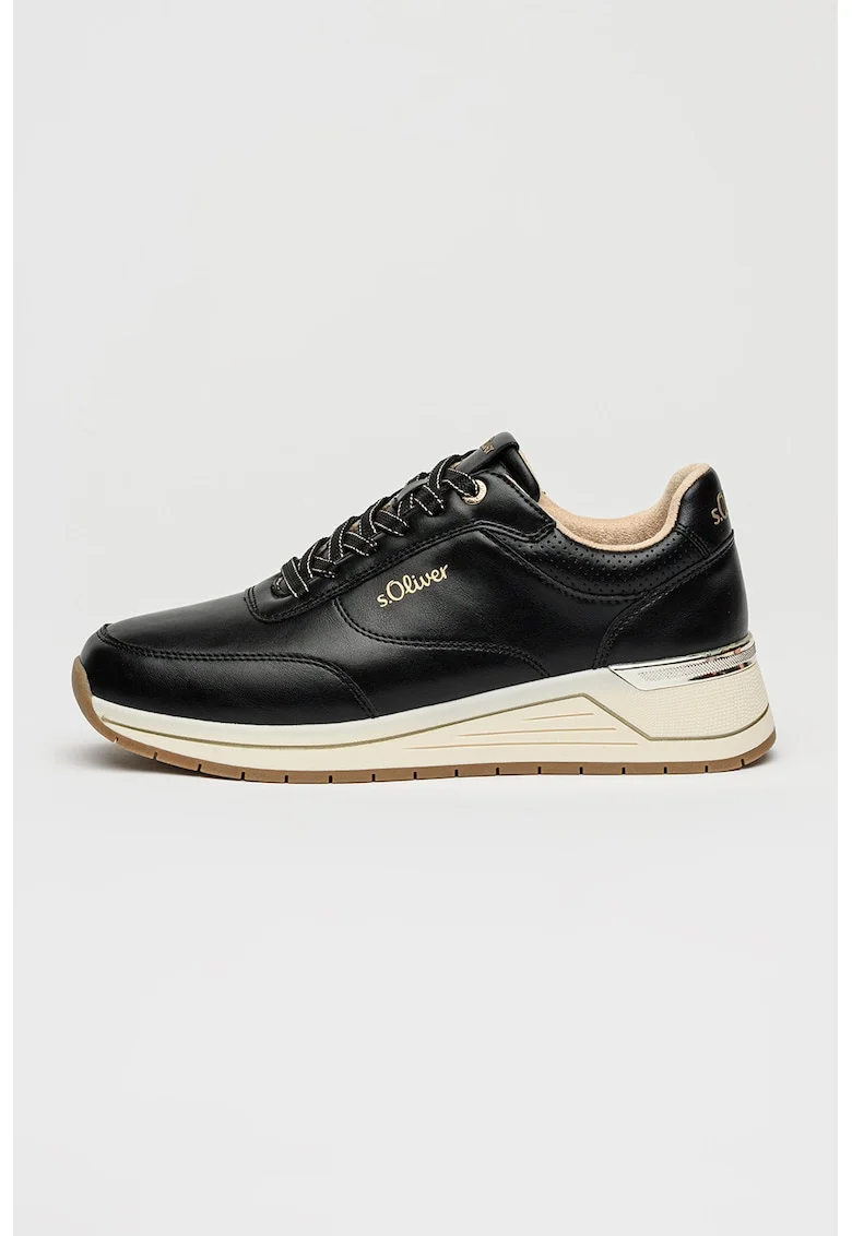 Pantofi sport din piele ecologica cu varf rotund, Negru stins/Argintiu