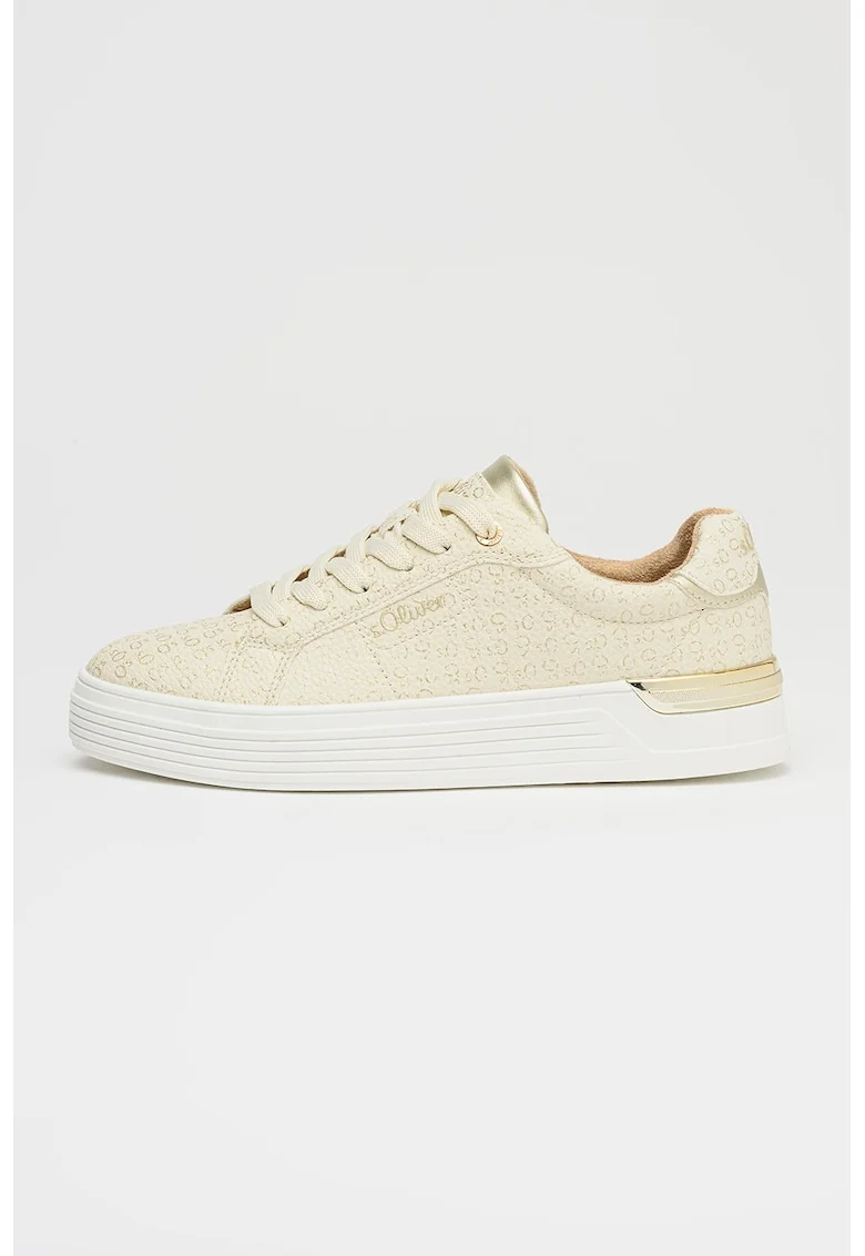 Pantofi sport low-cut din piele ecologica cu logo, Alb fildes/Auriu deschis