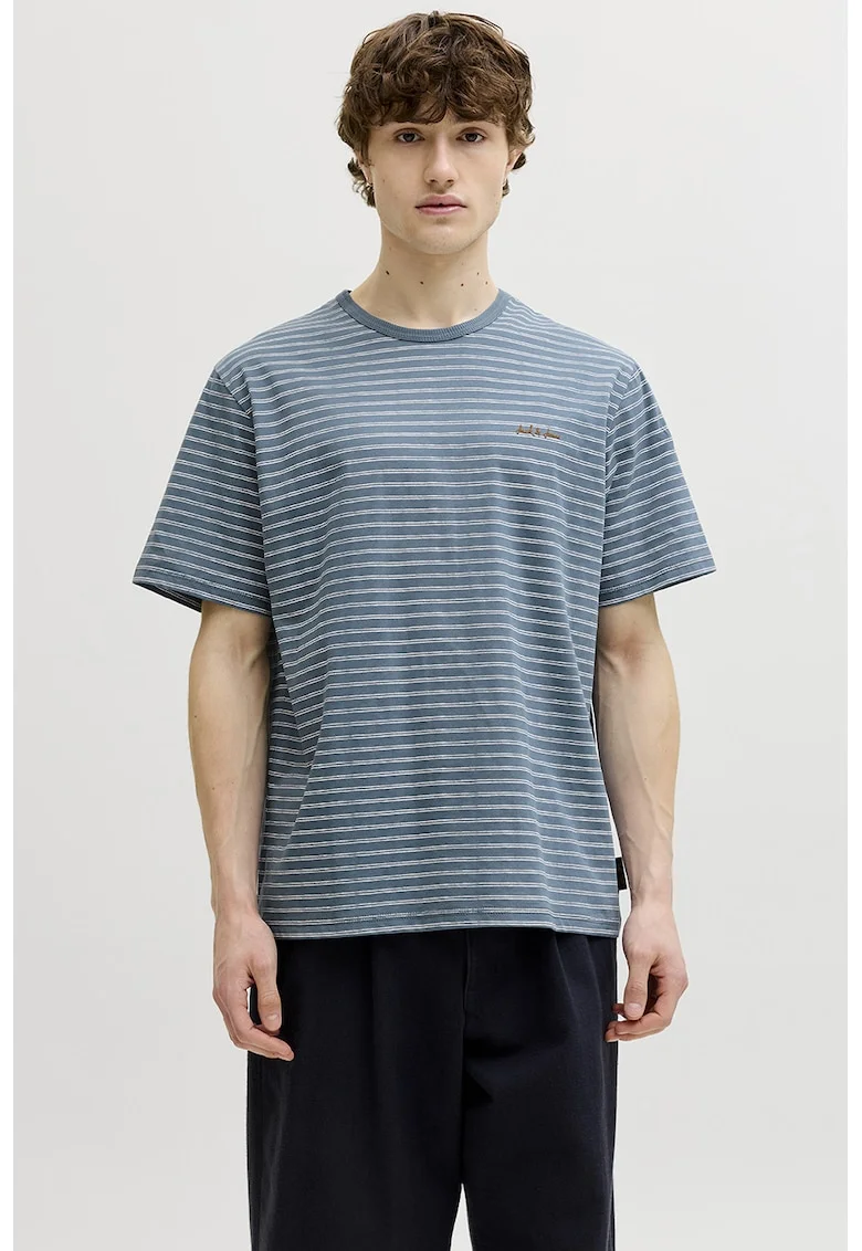 Tricou in dungi cu decolteu la baza gatului, Alb/Albastru prafuit