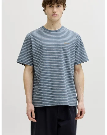 Tricou in dungi cu decolteu la baza gatului, Alb/Albastru prafuit