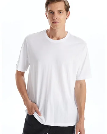 Tricou de bumbac cu decolteu rotund, Alb
