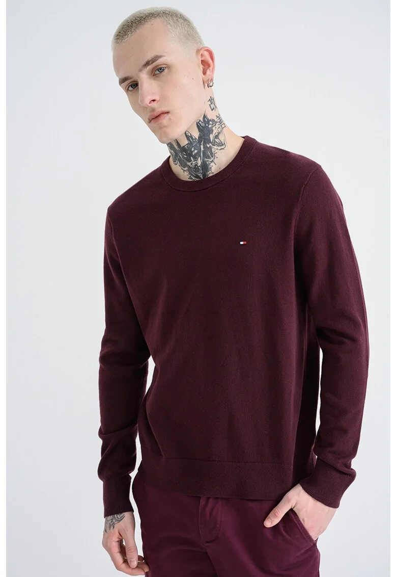 Pulover din amestec de casmir si bumbac organic cu decolteu la baza gatului, Violet tyrian