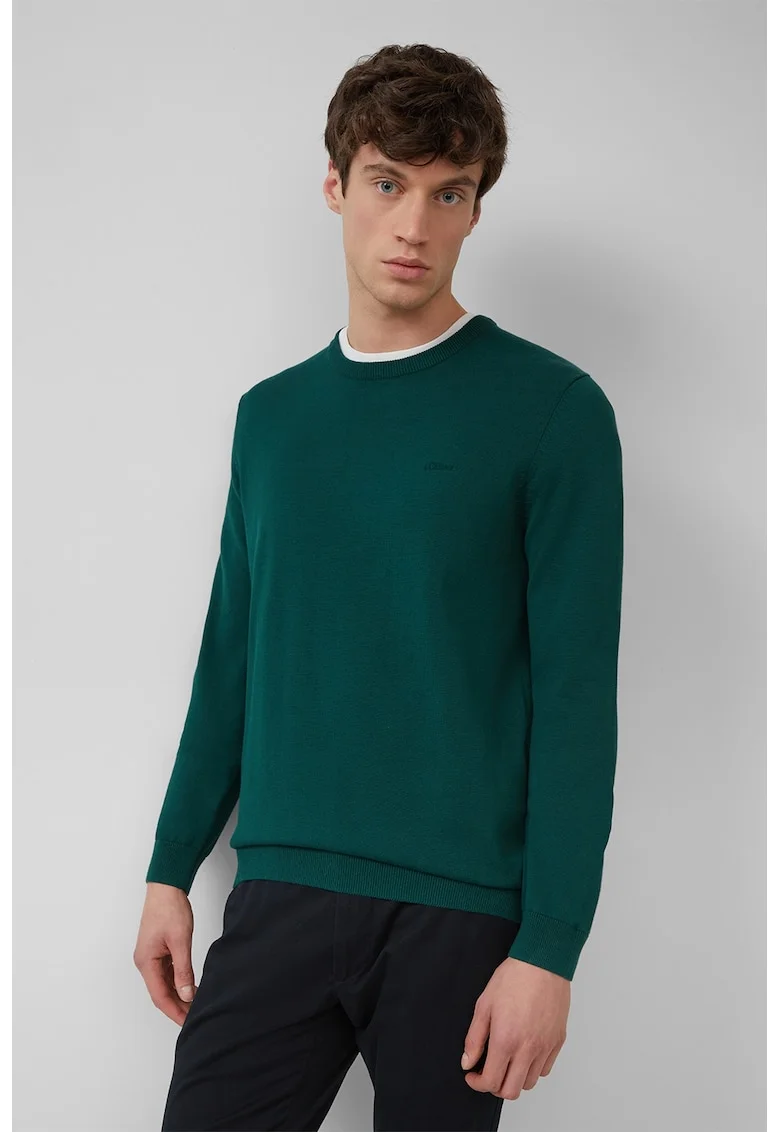 Pulover de bumbac cu decolteu la baza gatului, Verde padure/Kaki