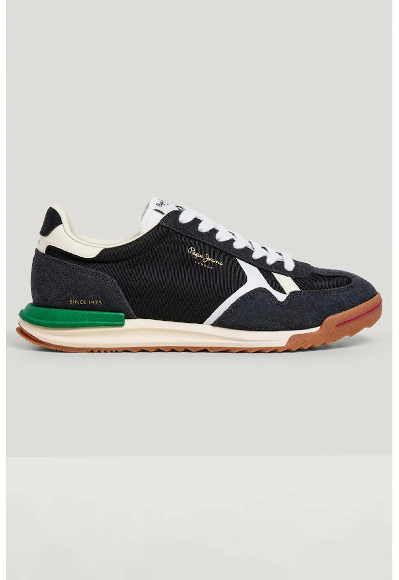 Pantofi sport de piele intoarsa si material textil cu sireturi, Alb/Verde/Gri antracit