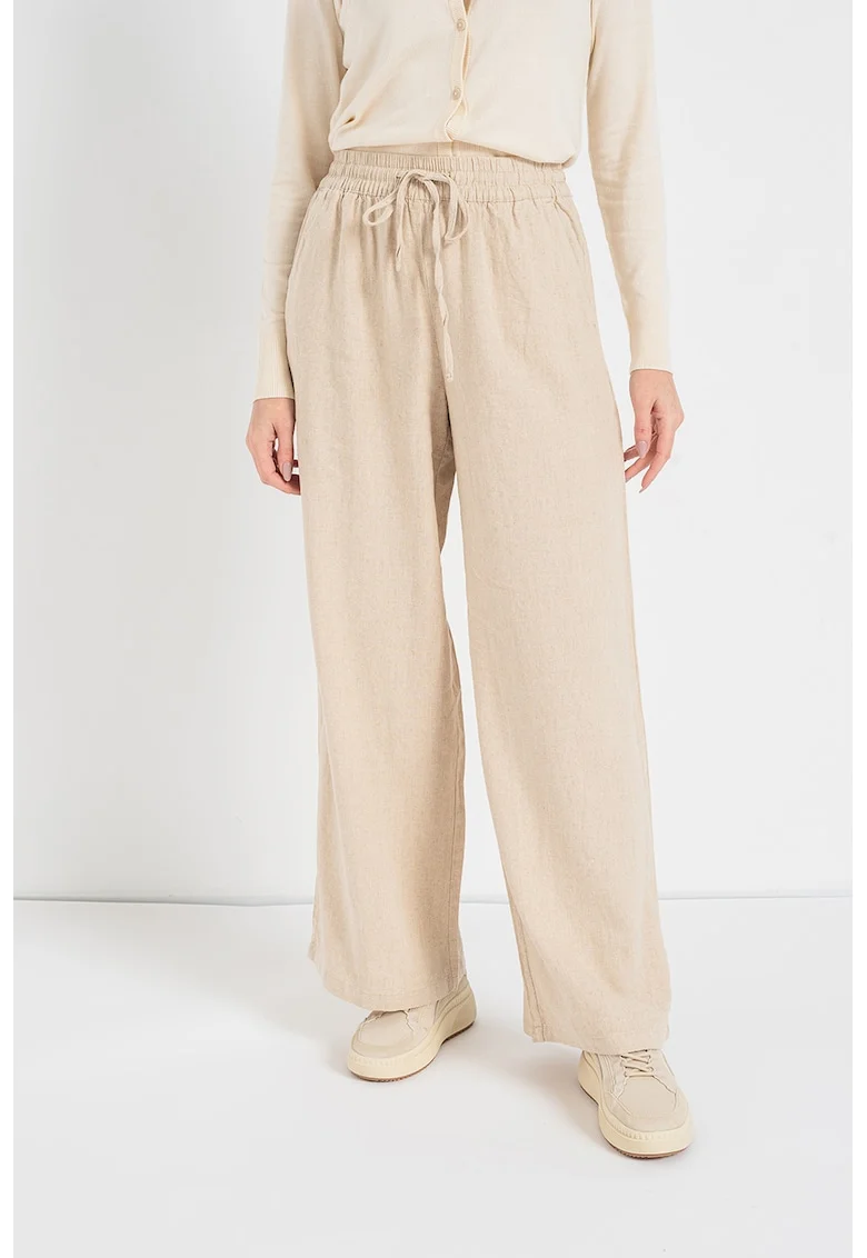 Pantaloni din amestec de in cu croiala ampla si snur, Maro camel