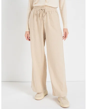 Pantaloni din amestec de in cu croiala ampla si snur, Maro camel