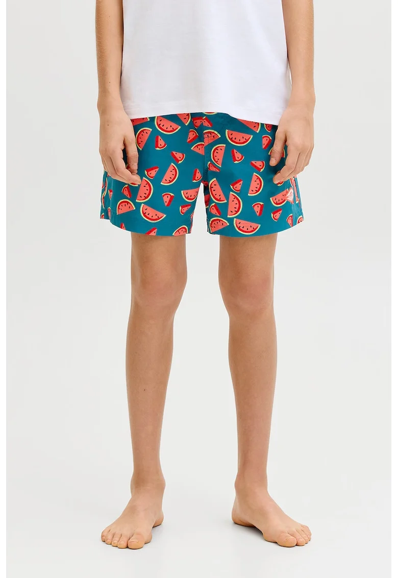 Pantaloni scurti de baie cu model cu fructe, Rosu/Albastru petrol