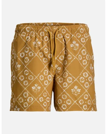 Pantaloni scurti de baie cu imprimeu grafic, Galben sofran