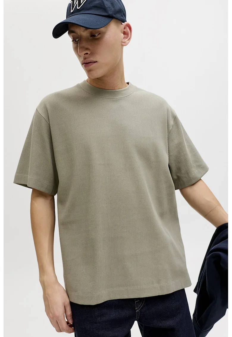 Tricou din bumbac organic cu decolteu la baza gatului, Kaki,