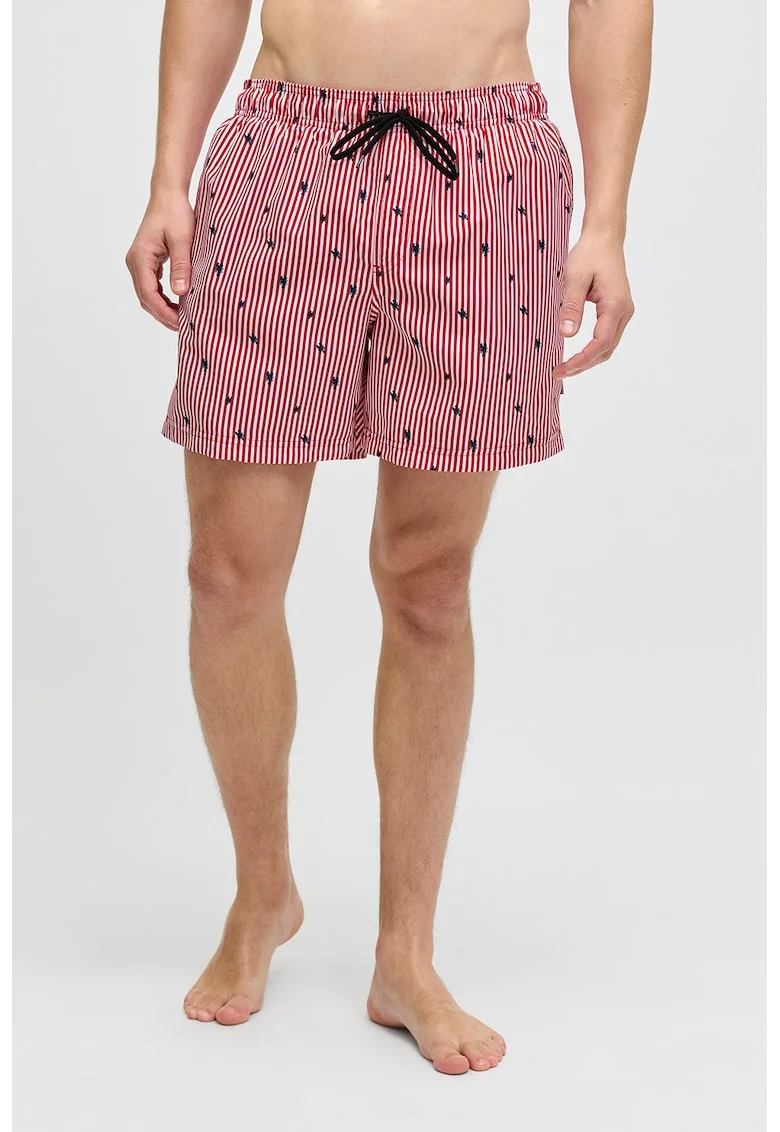Pantaloni scurti de baie cu model si buzunare, Rosu/Alb