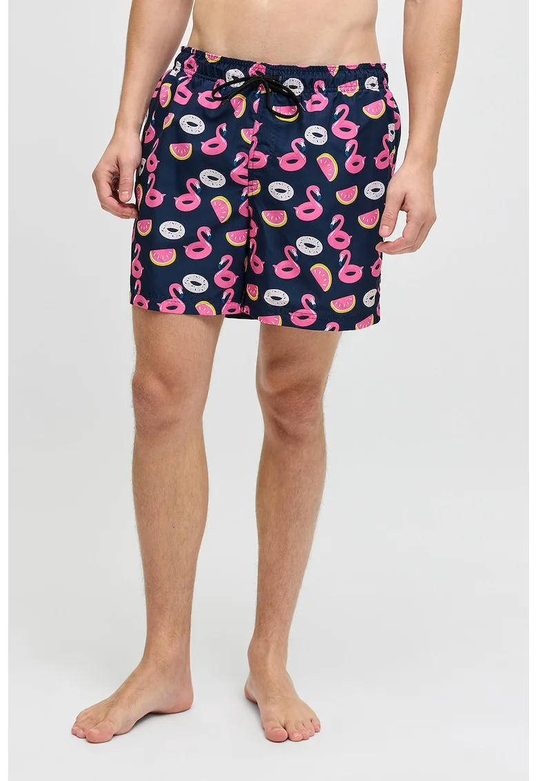 Pantaloni scurti de baie cu model si buzunare, Roz/Bleumarin