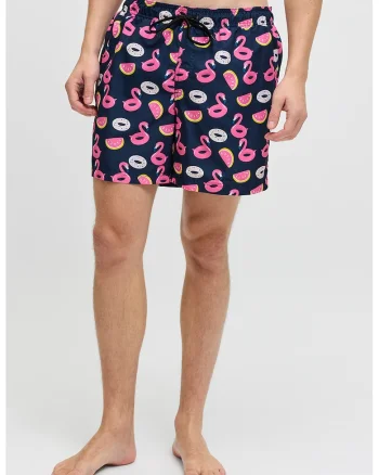 Pantaloni scurti de baie cu model si buzunare, Roz/Bleumarin