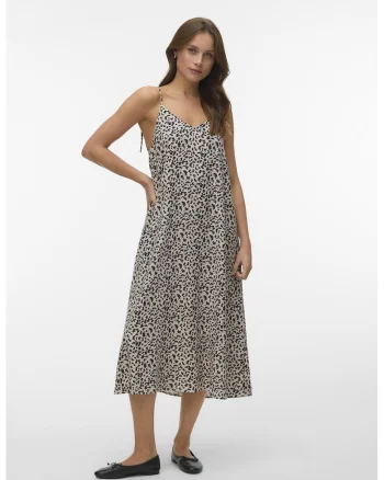 Rochie midi din amestec de in, Negru/Bej deschis