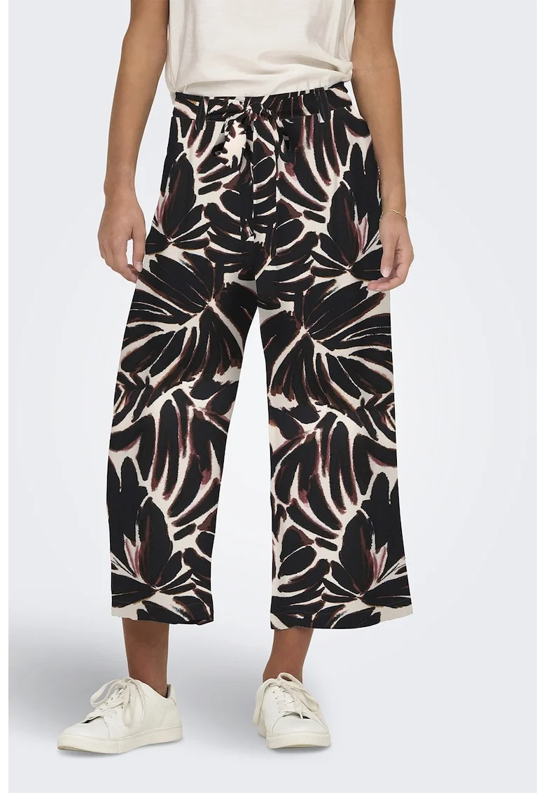 Pantaloni crop cu talie medie, Negru/Alb murdar