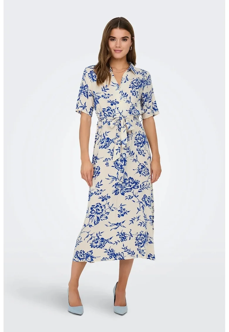 Rochie-camasa cu imprimeu si cordon in talie, Albastru royal/Alb optic
