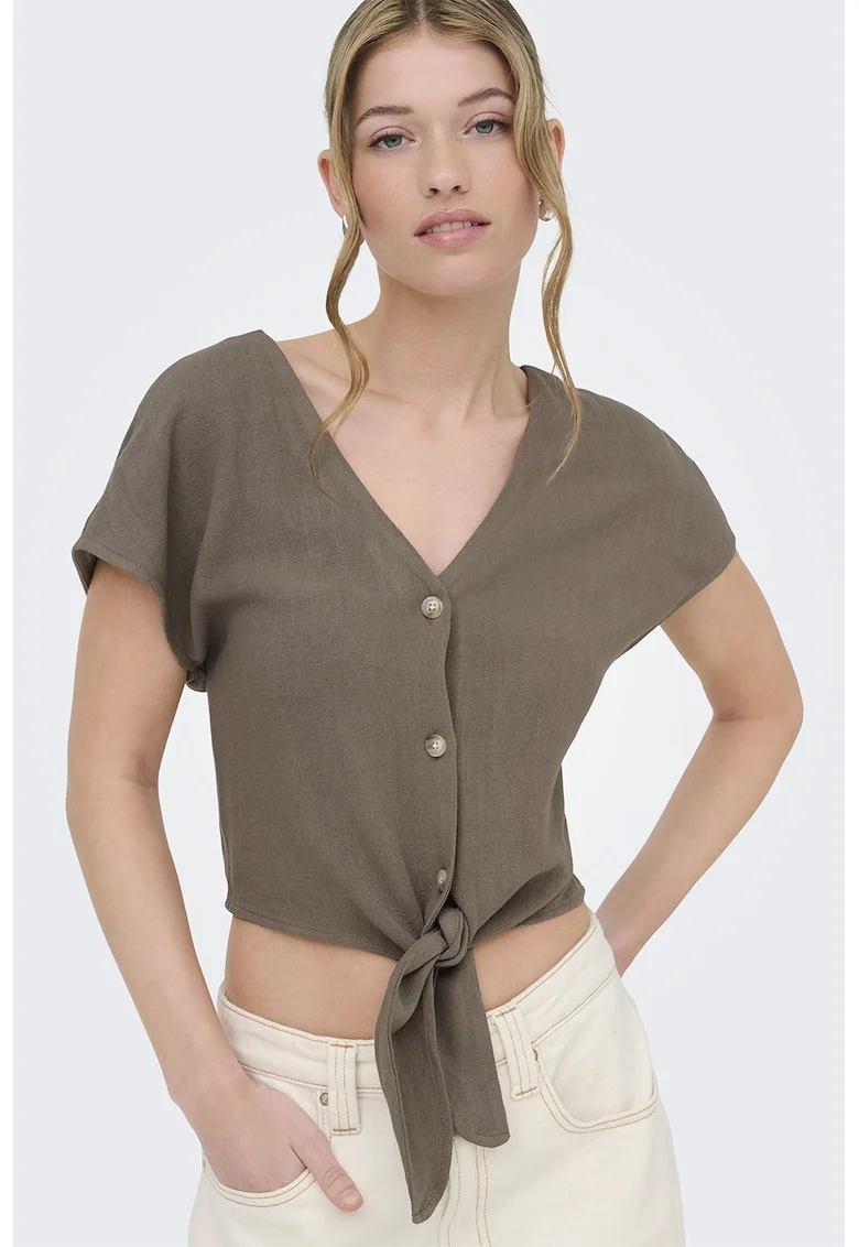 Camasa crop din amestec de in cu nod, Maro taupe