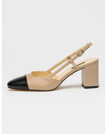 Pantofi de piele cu aplicatie cap-toe si toc masiv Esora, Negru/Bej inchis