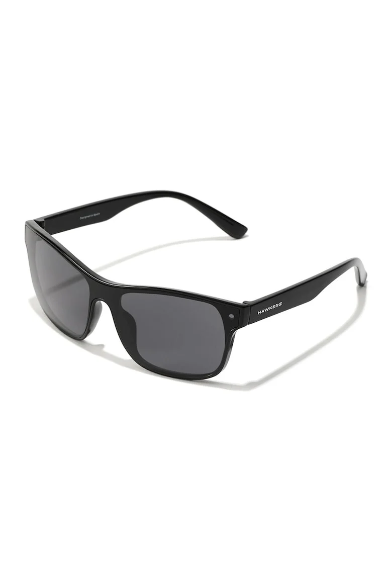 Ochelari de soare dreptunghiulari cu logo pe brate si model unisex, Negru