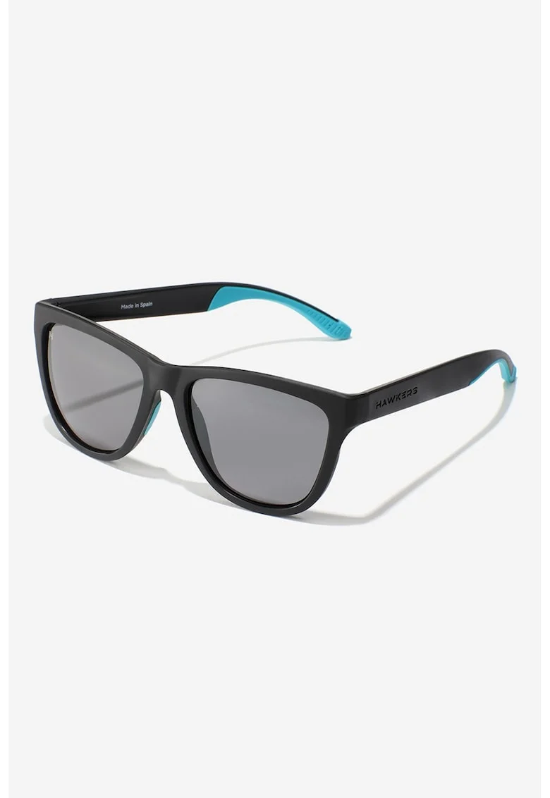 Ochelari de soare patrati cu logo stantat si model unisex, Negru/Albastru deschis