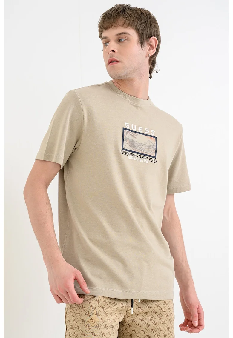Tricou din amestec de modal cu decolteu la baza gatului, Kaki