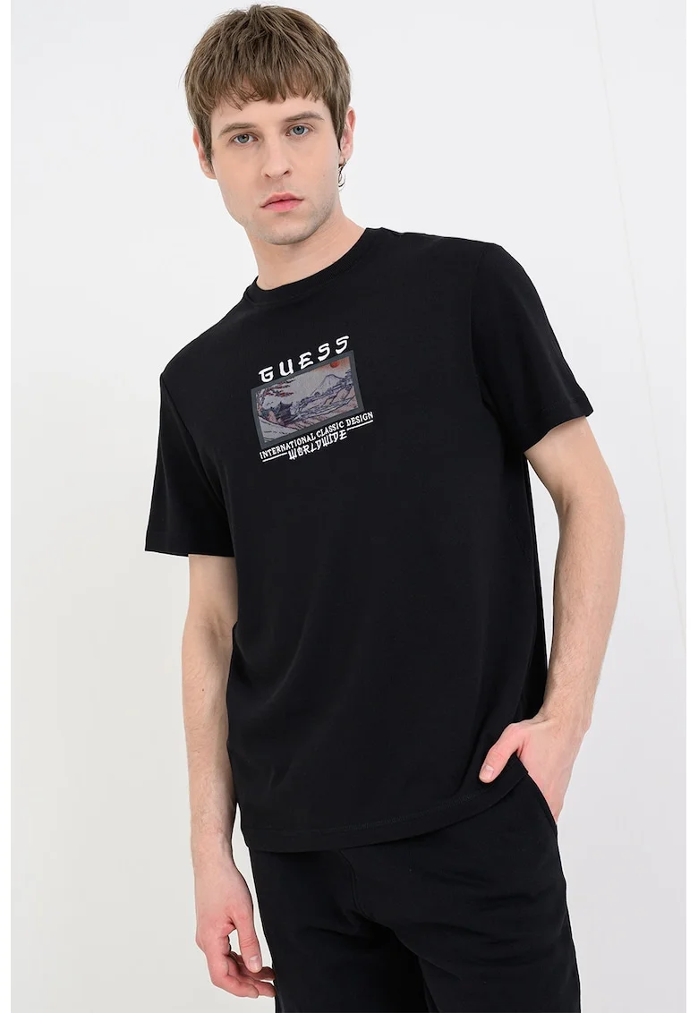 Tricou din amestec de modal cu decolteu la baza gatului, Negru