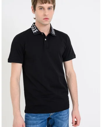 Tricou polo cu croiala slim-fit si guler cu logo, Negru
