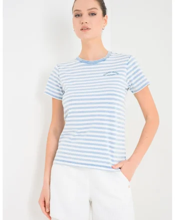 Tricou cu logo brodat discret si dungi, Alb/Albastru deschis