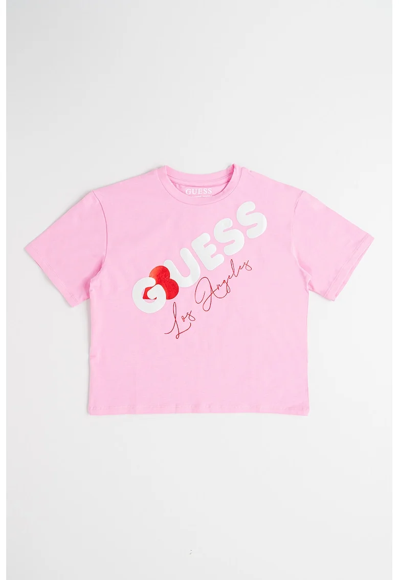 Tricou cu imprimeu logo si decolteu la baza gatului, Alb/Roz